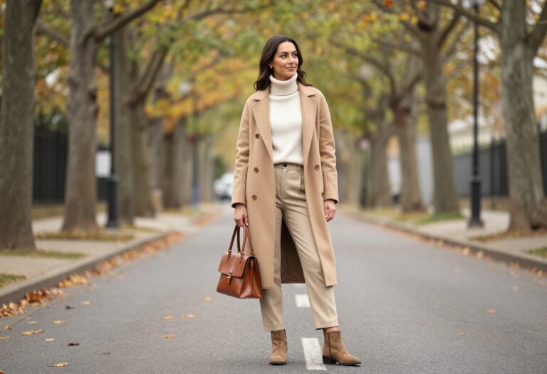 Woman in camel coat and cashmere sweater for old money fall outfit