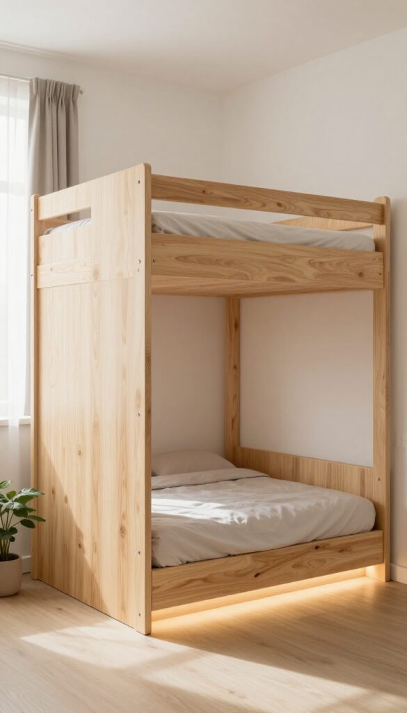 Modern small bedroom with a raised plywood platform bed supporting an upper mattress and a recessed lower mattress, with hidden drawers and subtle LED lighting beneath