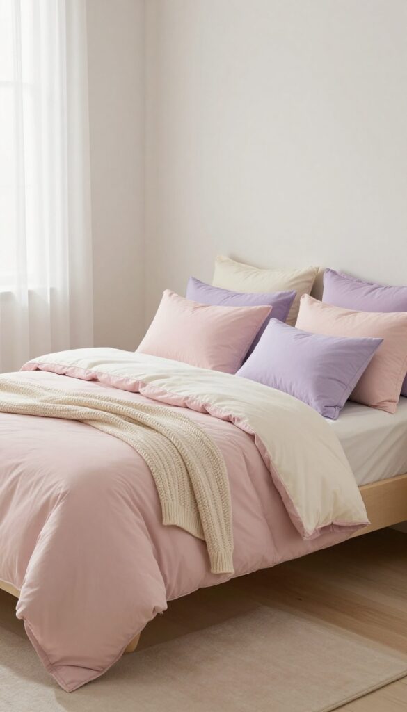 Pastel layered bedding on a bed in a bright kids princess bedroom, featuring blush, lavender, and cream layers with a textured throw blanket.