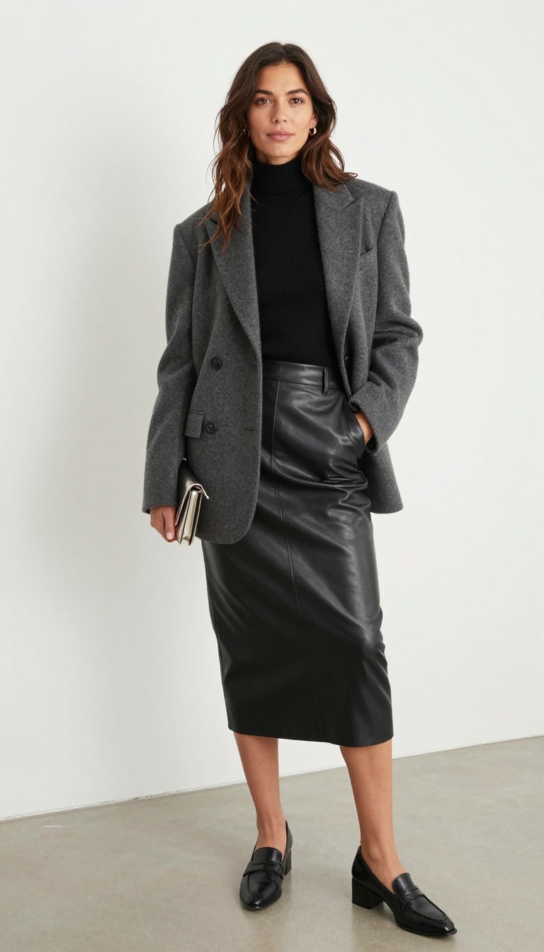 4. Leather Skirt + Oversized Blazer + Heeled Loafers