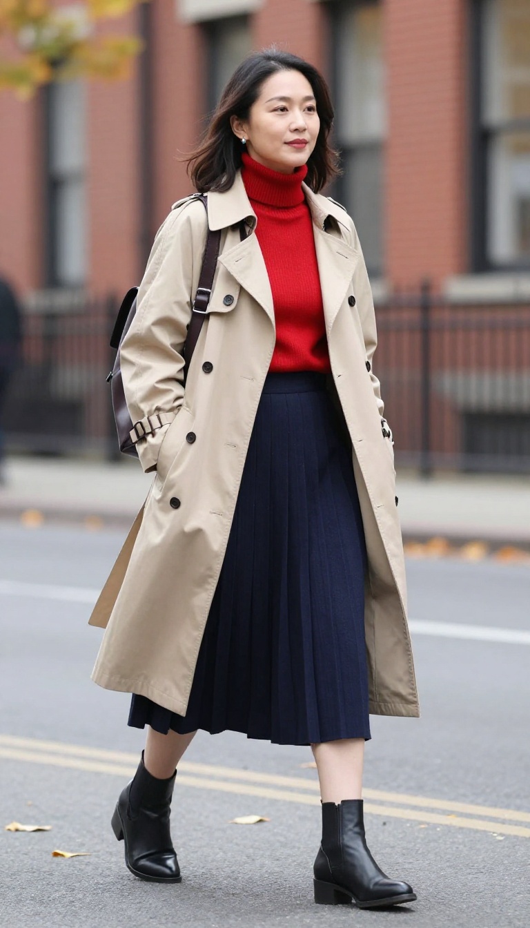 11. Navy Pleated Skirt and Red Turtleneck with Trench Coat