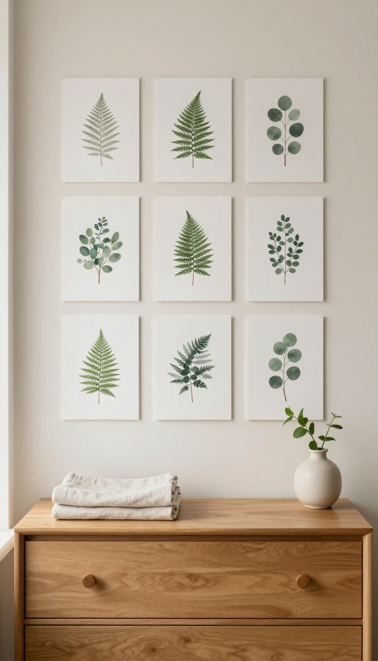 Grid of framed botanical fern and eucalyptus prints in black frames above a wooden dresser in a bright neutral bedroom