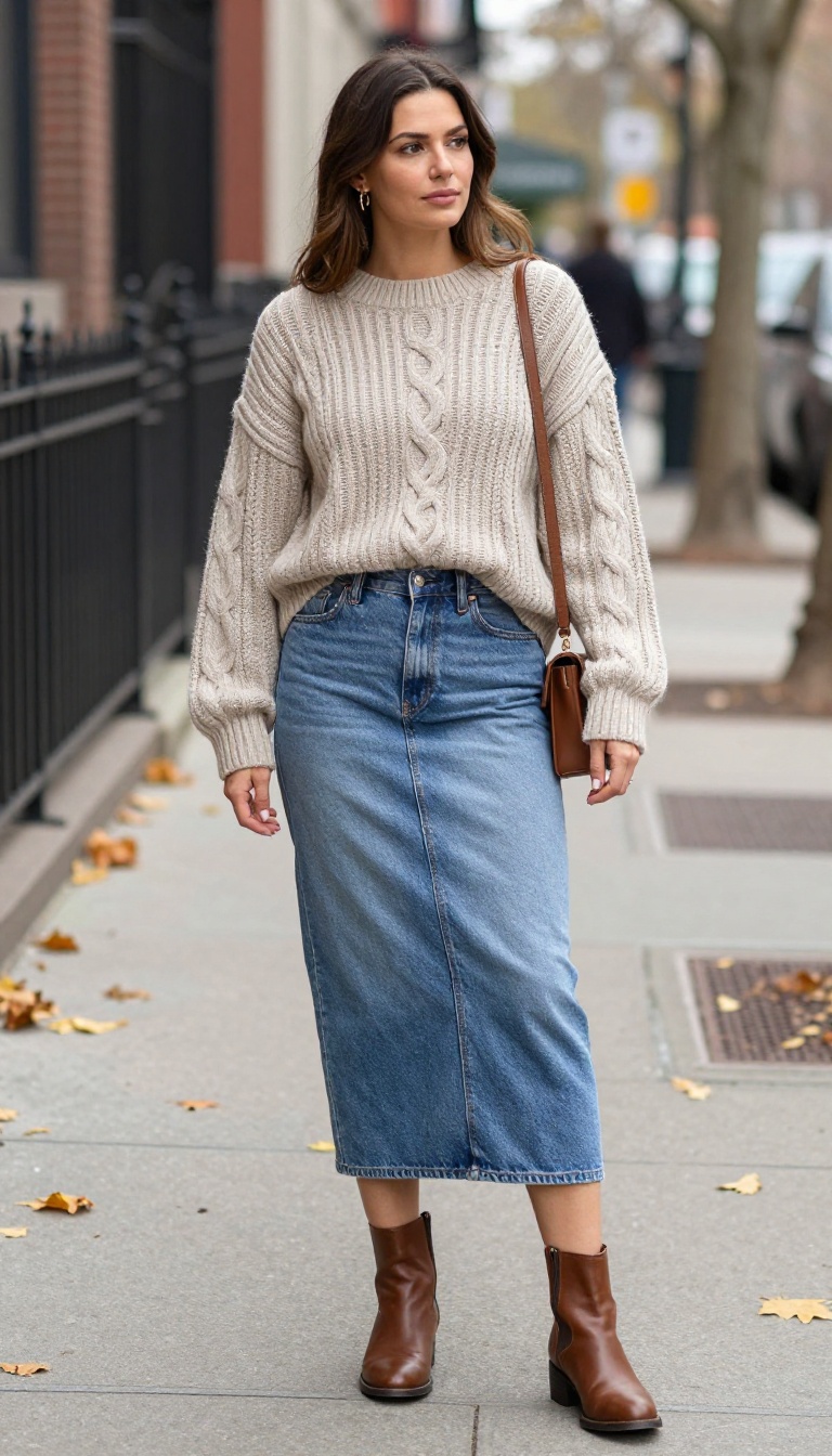 2. Faded Denim Midi Skirt With a Chunky Cable Knit