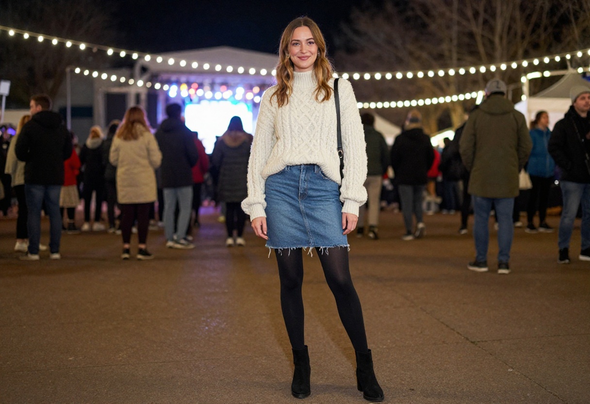 Woman wearing a jean skirt with a chunky sweater and ankle boots at a chilly outdoor concert.