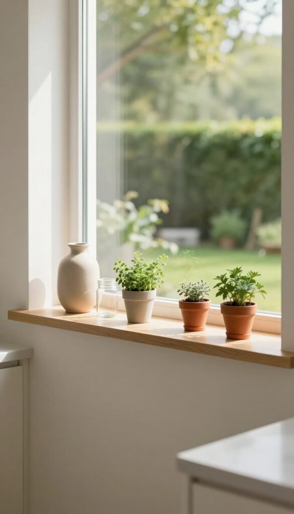 Bright kitchen window with a slim white wooden shelf holding small terracotta potted herbs, a neutral ceramic vase, and a glass jar in soft natural light