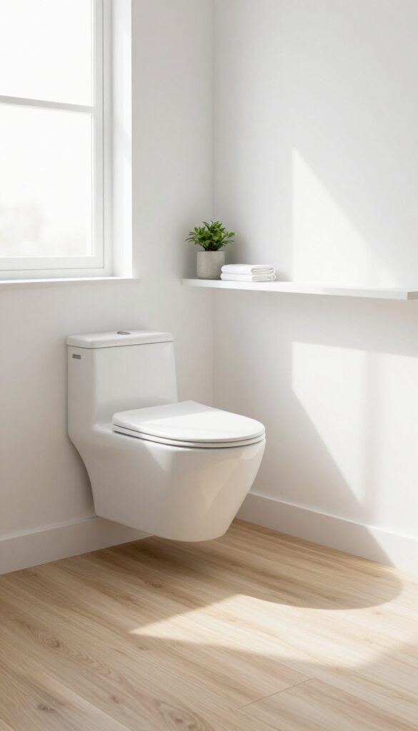 Bright small bathroom with a compact wall-hung toilet, open floor space, natural light, and minimalist decor.
