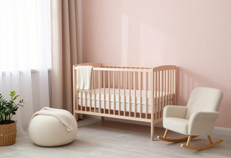 Bright blush pink and warm white baby girl nursery with a light wood crib, boucle ottoman, knit blanket, and natural sunlight through linen curtains