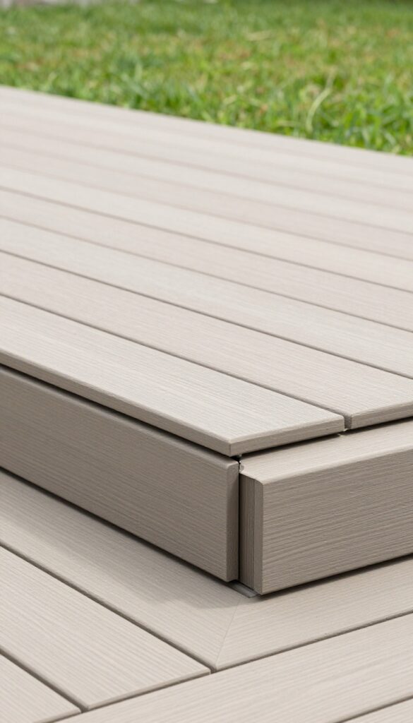 Horizontal composite deck board skirting in a neutral gray finish along the base of a bright modern backyard deck, matching the deck surface above for a clean cohesive look.