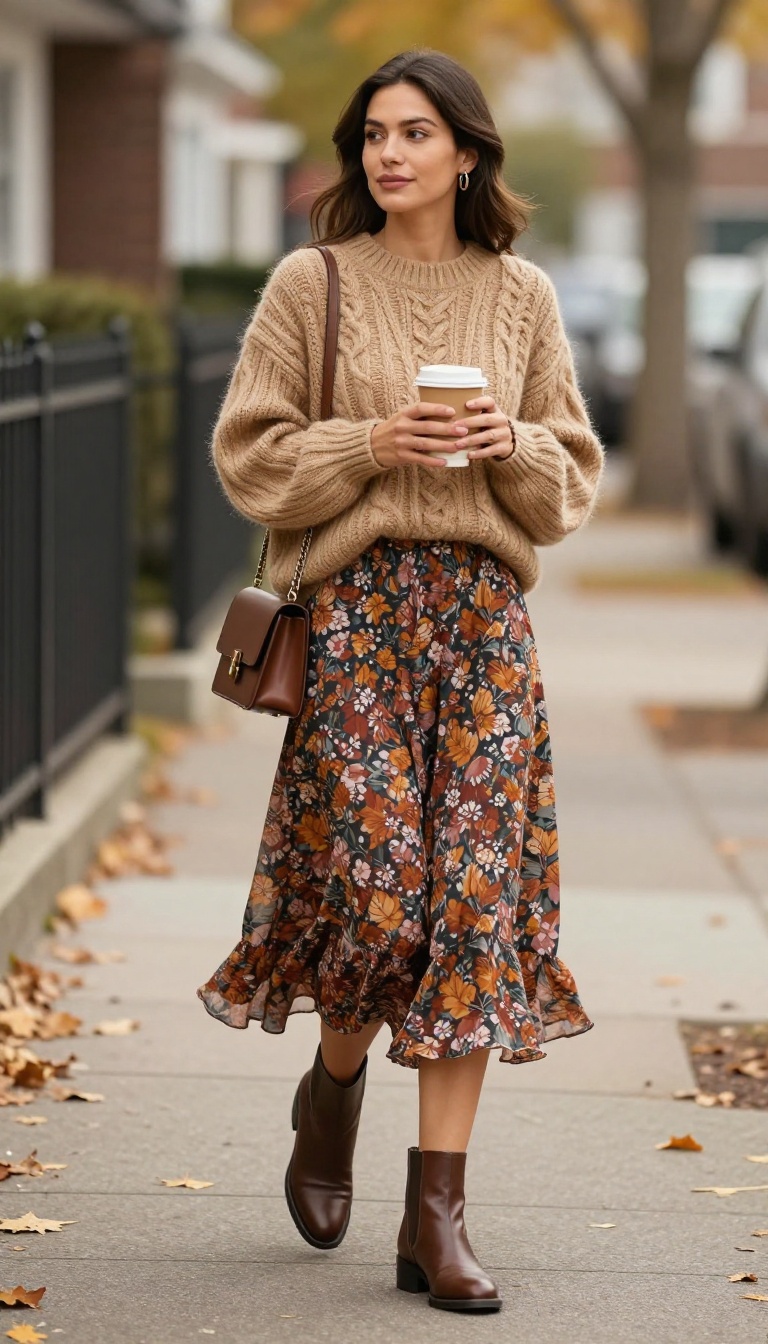 1. Floral Midi Skirt with a Chunky Knit Sweater