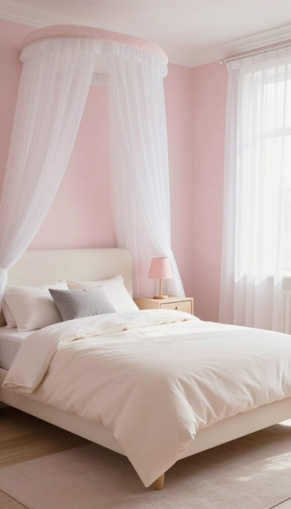Soft blush pink princess bedroom with cream bedding, gray accent pillows, sheer curtains, and a blush lamp shade in bright natural light