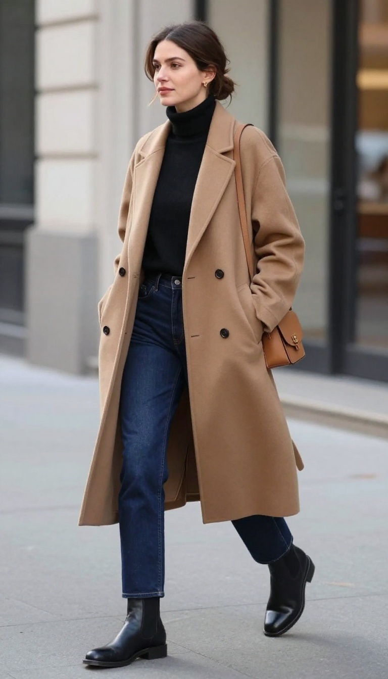 2. Long Wool Coat Over Slim Straight Jeans
