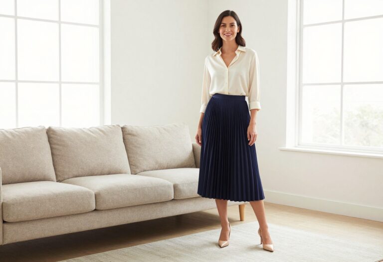 Woman wearing a navy pleated midi skirt and cream silk blouse with nude kitten heels, standing in a bright living room.