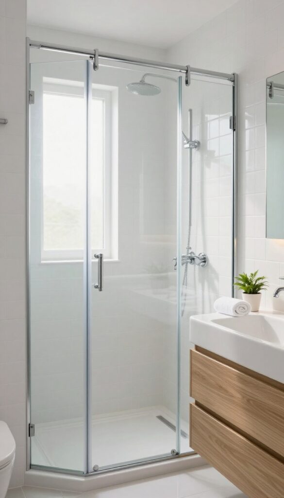Bright modern small bathroom with a semi-frameless sliding glass shower door and clean minimal styling