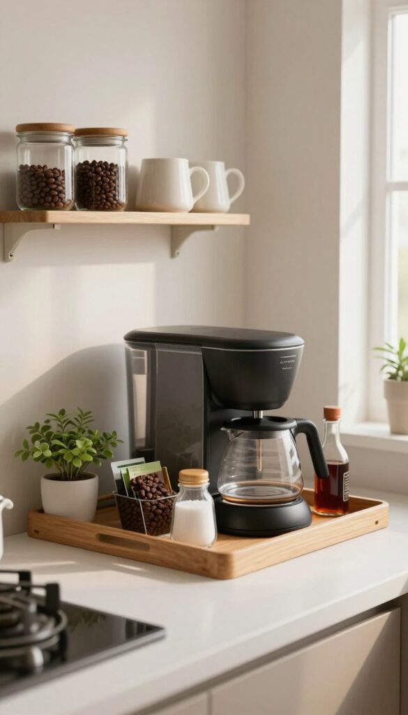 A tidy coffee station corner on a kitchen counter with a tray, coffee maker, matching glass jars, stacked mugs, and a small plant in bright natural light