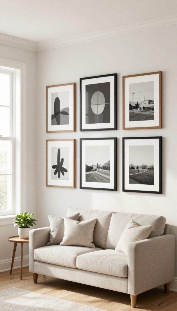 Bright living room corner with a balanced gallery wall of black, wood, and white frames wrapping slightly around the corner above a neutral sofa and plant.
