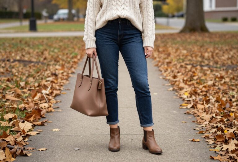 Woman wearing apple bottom jeans and a cozy sweater standing on an autumn sidewalk