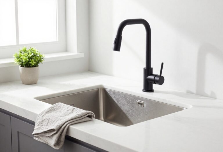 Modern kitchen sink with a matte black high-arc pull-down faucet on a white quartz countertop in bright natural light