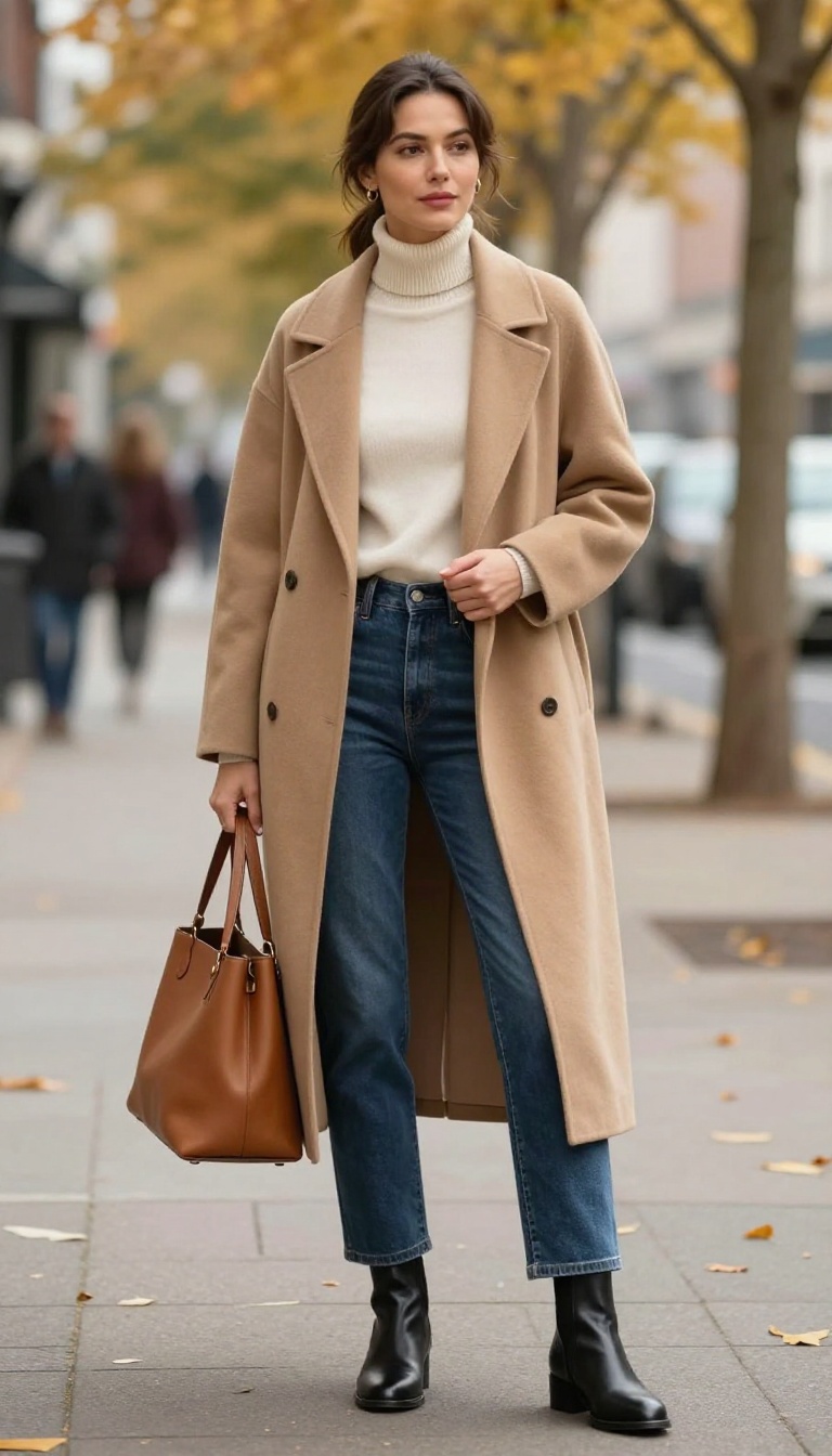 4. Turtleneck + Wool Wrap Coat + Straight-Leg Jeans