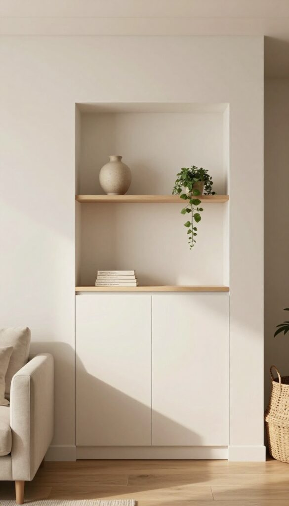 Bright living room wall niche with hidden storage cabinet at the bottom and styled open shelves above, painted in a seamless warm white.