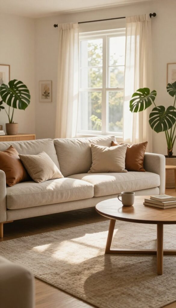 Bright living room with a neutral sofa and two leather accent chairs angled inward around a coffee table on a large rug, creating an inviting conversation area