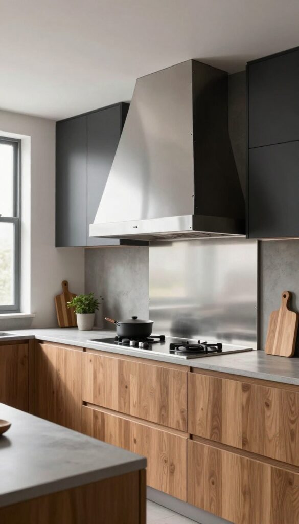 Modern kitchen with a custom wood range hood cover framed by thin matte black metal bars, set against dark cabinets and concrete counters.