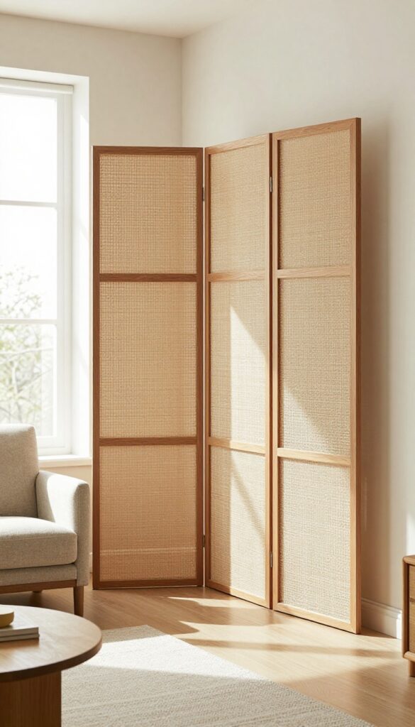A tall wooden folding screen with rattan panels angled in a bright living room, separating a cozy reading nook with an armchair from the main space.