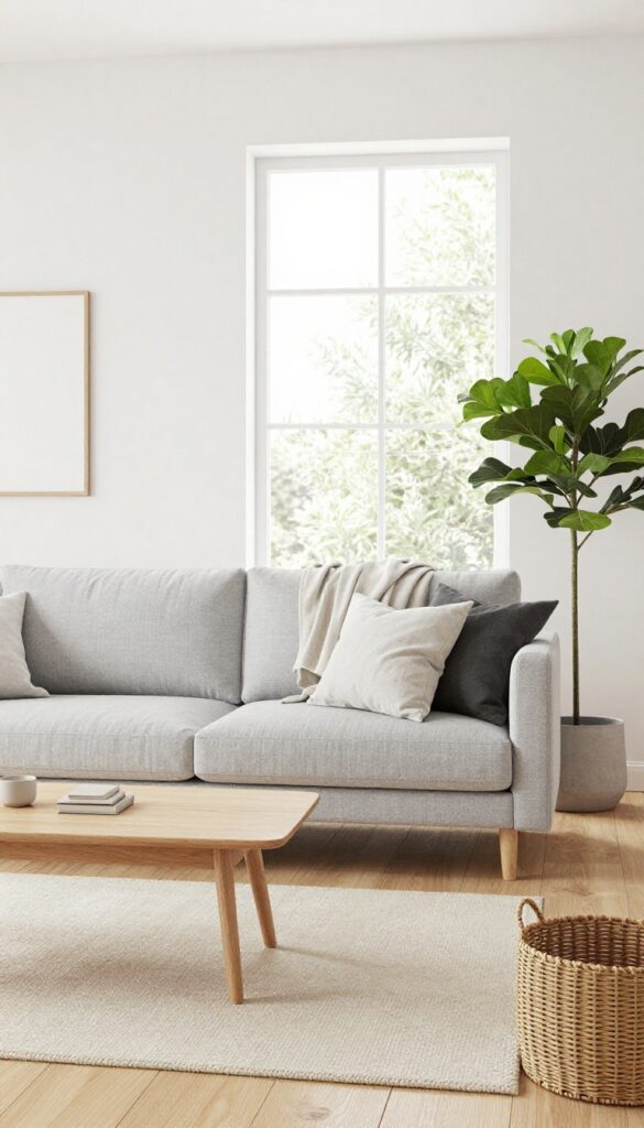 Bright Scandinavian living room with a light gray Kivik sofa, light wood coffee table, cream rug, and one tall plant in soft natural light