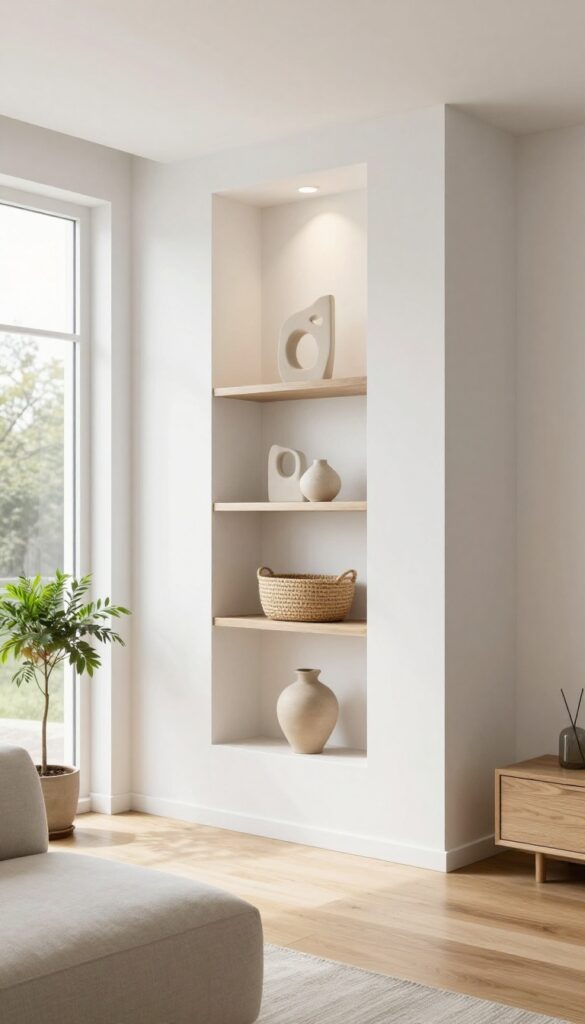 Bright modern living room with a tall floor-to-ceiling vertical wall niche featuring minimalist shelves, a sculptural vase, and recessed lighting, creating architectural depth and height.