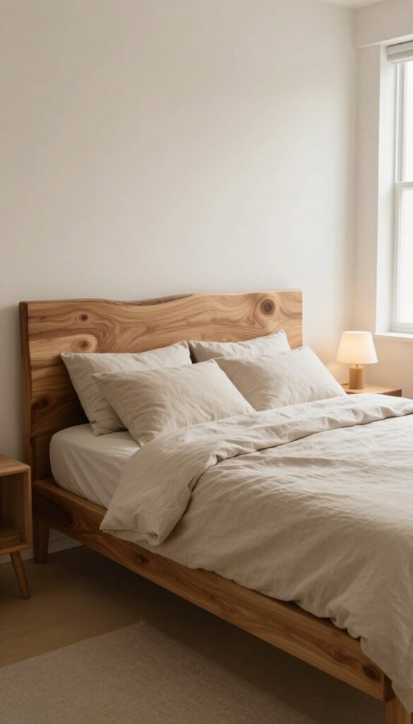 Cozy bedroom with a live edge wood bed frame and natural linen bedding in soft daylight