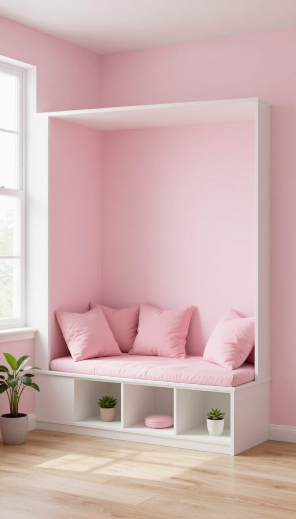 A bright pink princess bedroom corner with a built-in reading nook bench topped with blush pink cushions and soft pillows, styled simply with natural light.