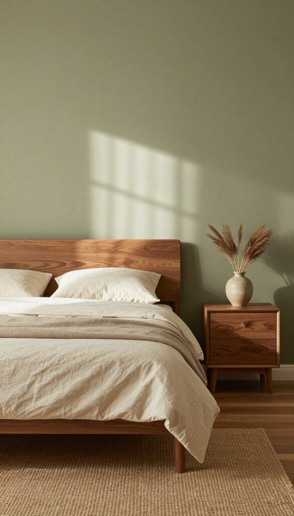 Earthy bedroom with olive green walls and warm walnut furniture, styled with neutral bedding, linen curtains, and a woven rug in bright natural light.