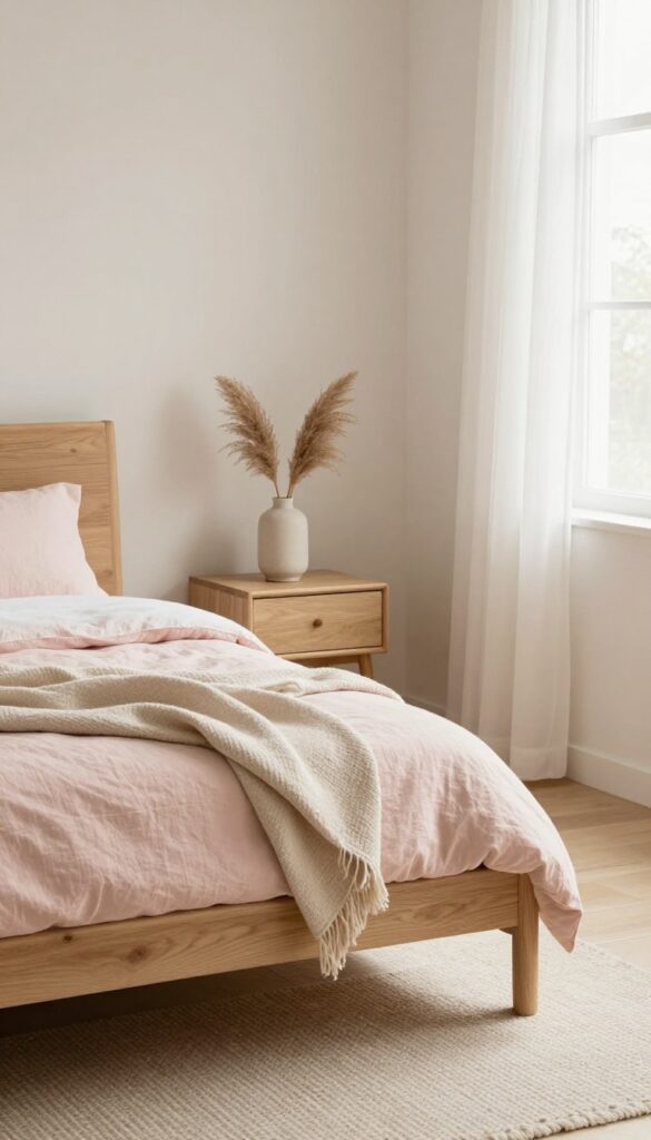 Soft pink bedding on a light oak bed frame in a bright neutral Scandinavian bedroom with natural wood furniture and cozy textures