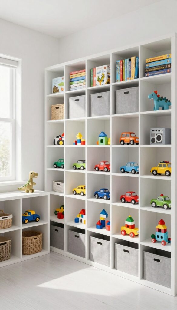 Bright boys bedroom with a wall of white cube shelves holding matching gray fabric bins and neatly organized toys, lit by natural daylight