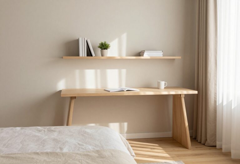 Bright bedroom with a space-saving wall-mounted floating wood desk, floating shelf, and neatly made bed in natural light