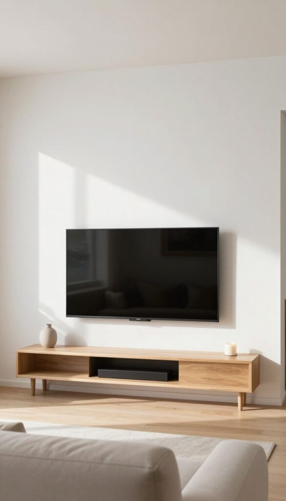 Small bright living room with a flat-screen TV mounted cleanly above a fireplace, a floating shelf below, and a sofa facing the fireplace wall