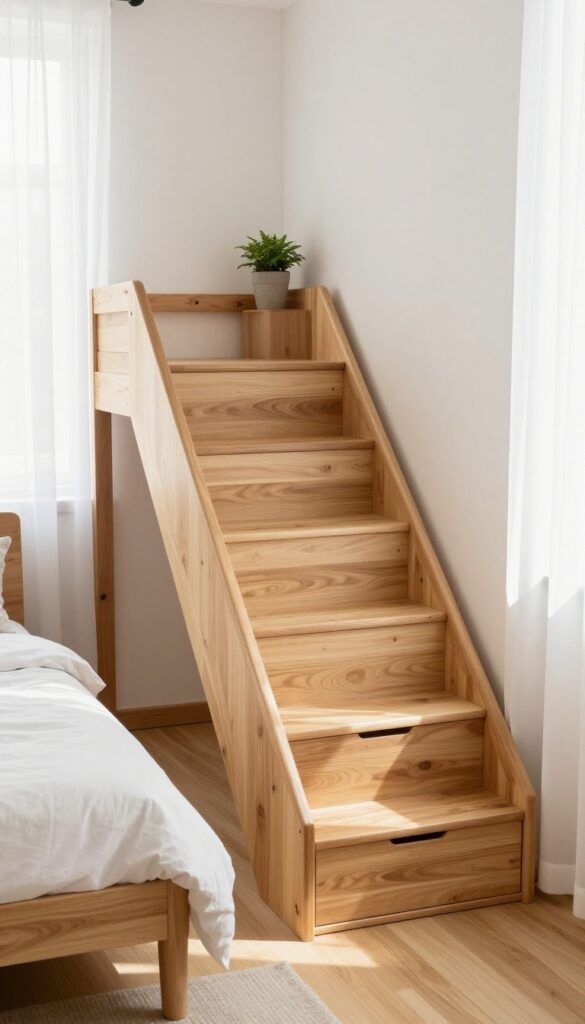 Wooden double deck bed with built-in storage stairs in a bright small bedroom, each step featuring drawers and cut-out grips, matching wood finishes and clean minimal decor.