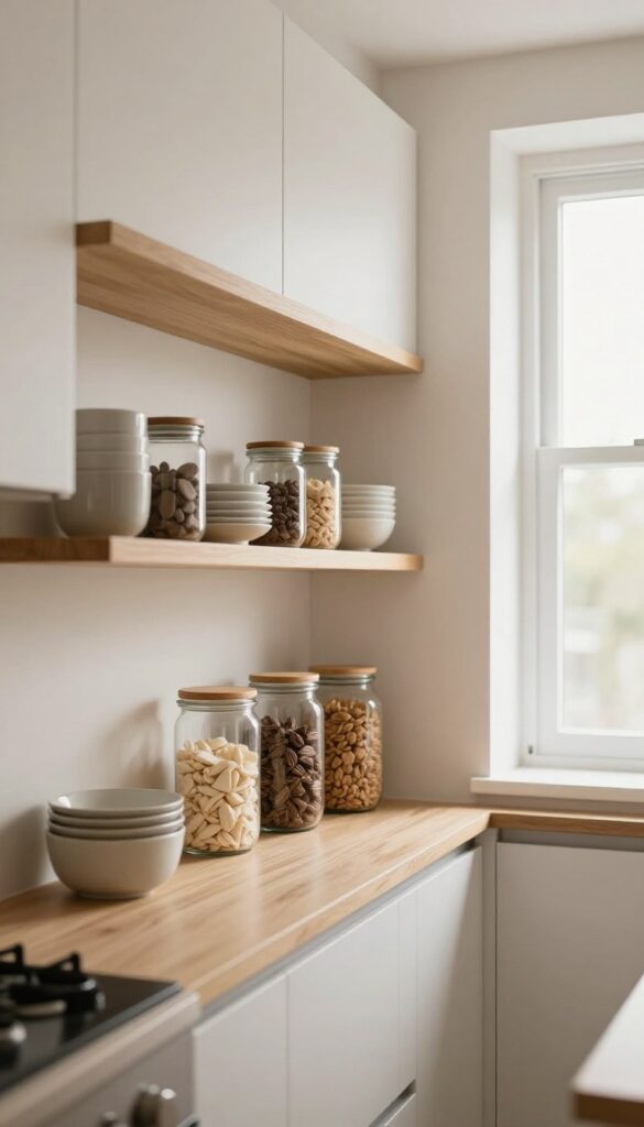 Narrow kitchen with open wood floating shelves holding matching dishes and glass jars instead of upper cabinets, bright natural light and clean uncluttered styling