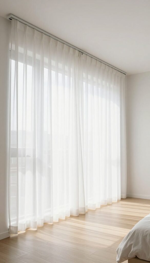 Modern narrow bedroom with floor-to-ceiling white curtains hung from a sleek ceiling-mounted track, bright natural light, minimalist contemporary styling