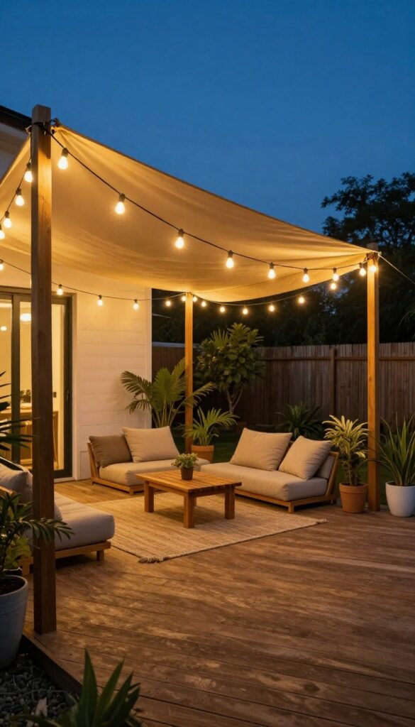 Warm white string lights forming a canopy over a cozy wooden backyard deck at dusk with comfortable outdoor seating