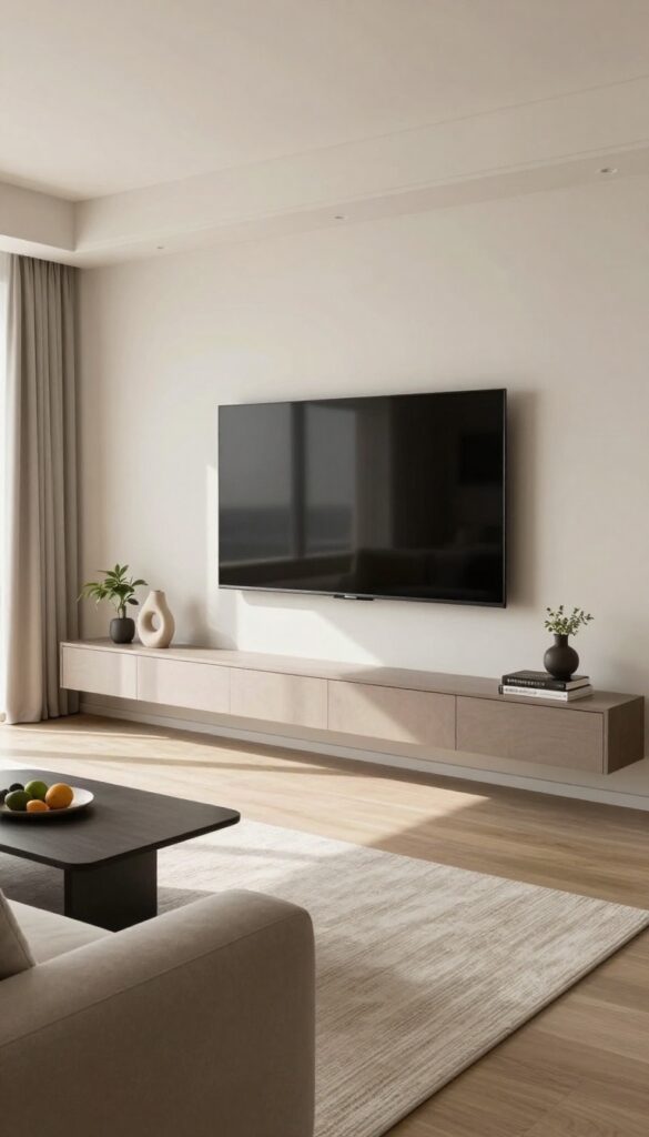 Built-in media wall with a large TV, closed cabinets below, and open shelves styled with decor in a bright living room