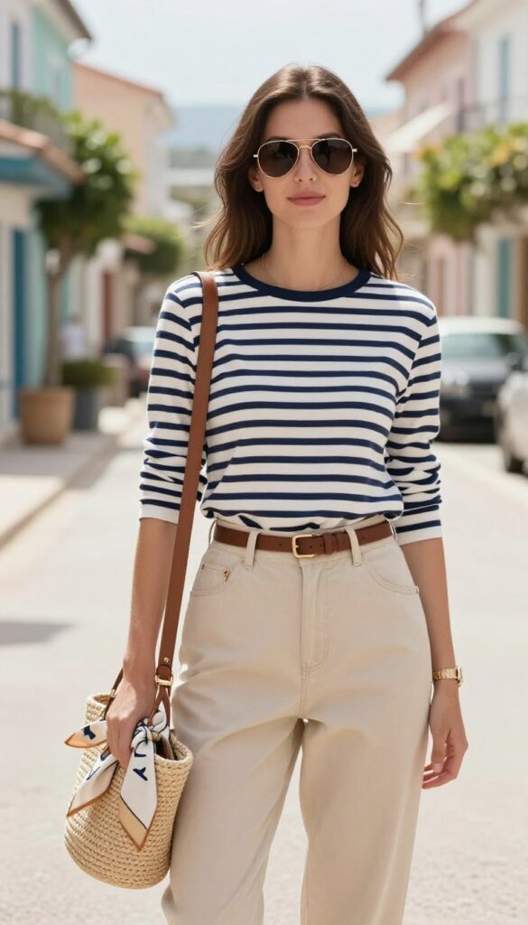 Woman in Breton stripe top and beige chinos with espadrilles and woven bag, coastal street setting
