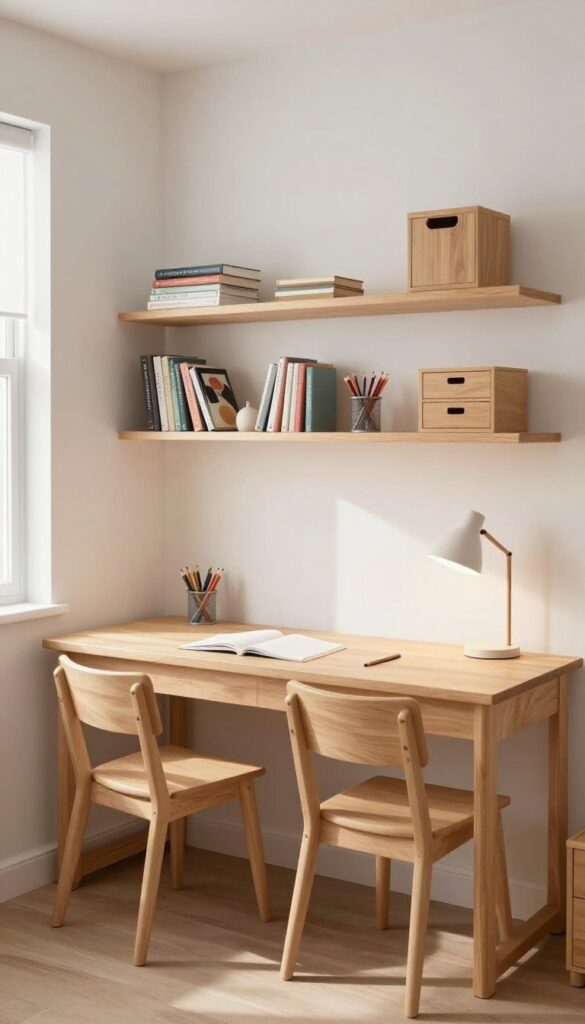 Bright shared study station for two kids with a long light wood desk, two chairs, task lamps, wall shelves, and organized school supplies in a bedroom