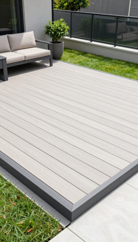 Modern composite deck with darker picture-frame border boards running perpendicular around the perimeter, bright natural light, clean backyard setting.