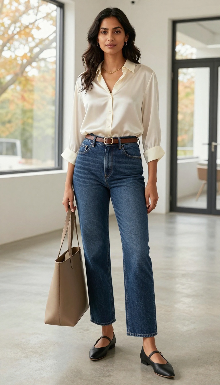 4. Mom Jeans with a Silk-Blend Blouse