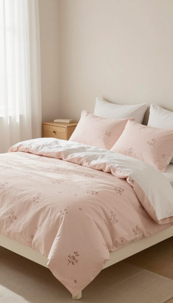 Soft blush pink floral bedding on a white wooden bed in a bright minimalist Scandinavian bedroom with light oak furniture and warm neutral walls