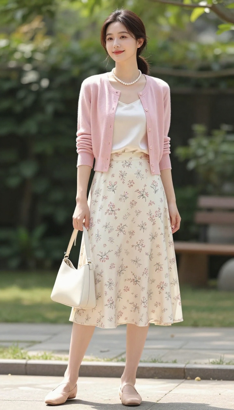 7. Floral Midi Skirt with a Cardigan and Pearls