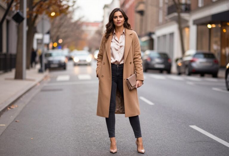 Woman wearing skinny jeans and nude heels with a camel coat for an autumn evening outfit.