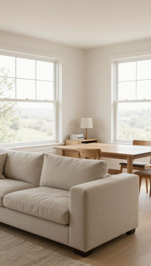 Open-concept living room with a low-back sectional sofa dividing the living and dining areas, a narrow console table behind it, and a light rug defining the living zone in bright natural light