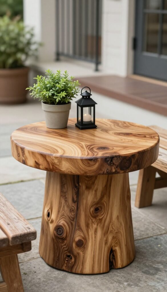 Rustic tree stump serving as a natural side table on a front yard walkway, topped with a small potted plant and lantern beside a wooden bench.