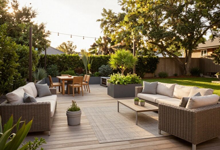 Stylish backyard deck with zoned lounge and dining areas, outdoor rug, wicker furniture, fire pit, and string lights at golden hour